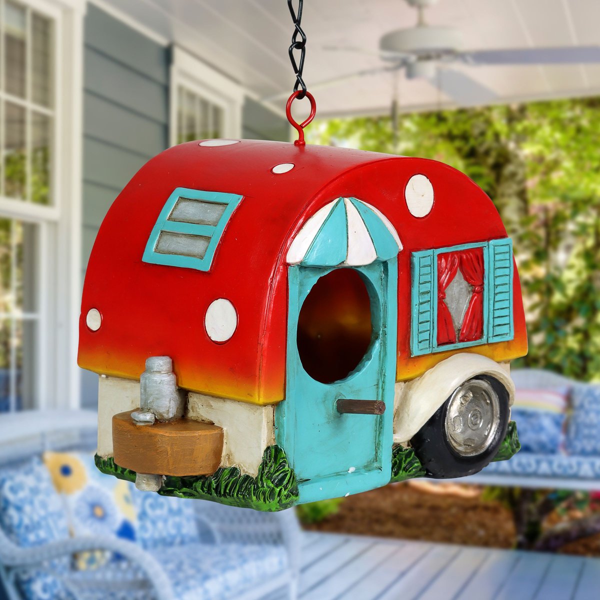 Exhart Hand Painted Hanging Camping Trailer Resin Bird House， Red/Blue