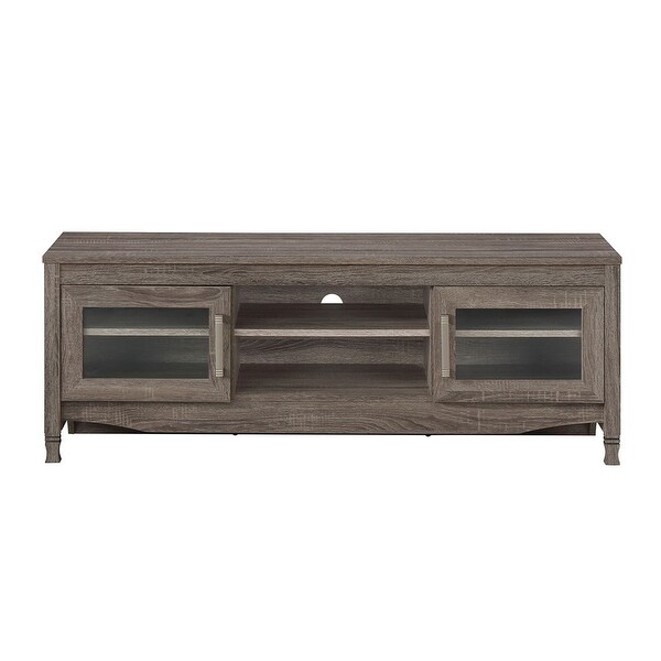 Techni Mobili Driftwood TV Stand Console with 2 Side Glass Door Cabinets and 6 Open Storage Compartments for TVs up to 60''