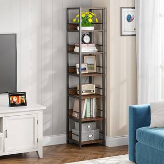 TRIBESIGNS WAY TO ORIGIN Frailey 75 in. Rustic Brown 6-Shelf Tall Narrow Bookcase Bookshelf Storage Rack with Metal Frame for Home Office HD-JW0403-HYF