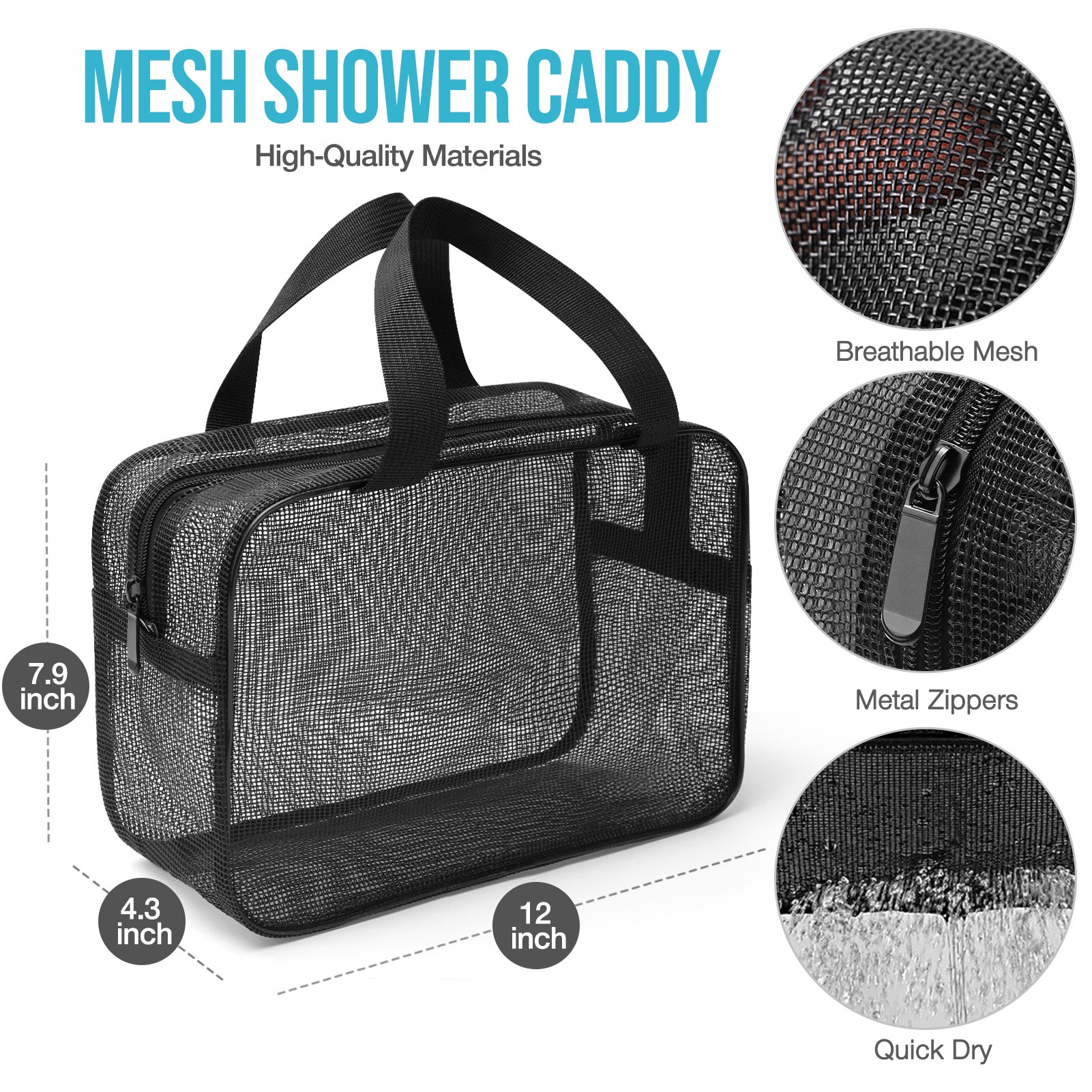 Livhil Mesh Shower Caddy Space Portable Toiletry Mesh Shower Gym Tote Gym Bag for College Dorm Bathroom ， 12''(L) x4.3'' (W) x7.9'' (H) (Black Large)