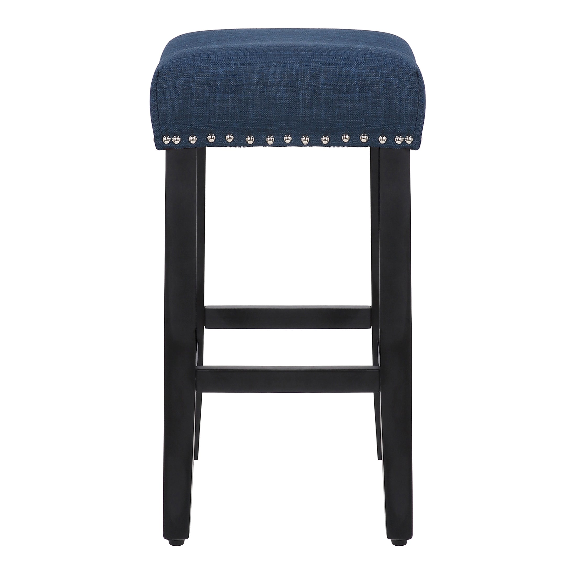 WestinTrends 24 Inch Counter Height Stools for Kitchen Counter， Modern Farmhouse Wooden Saddle Stool Chair， Linen Upholstered Cushion with Solid Wood Leg Dining Room Home Bar Decor， Navy Blue