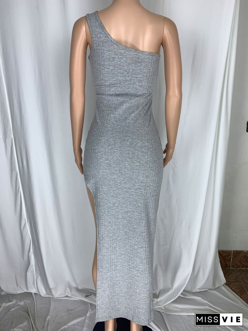 Sexy Solid Color Women Sleeveless One Shoulder Skew Neck High Slit Knit Ribbed Bodycon Summer Maxi Dress