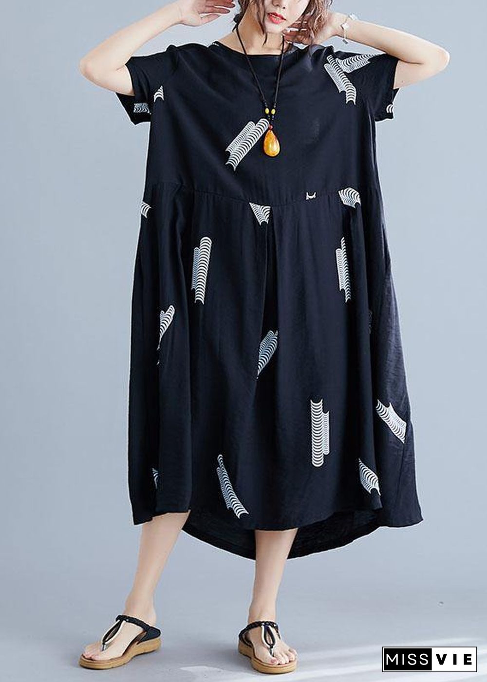 Bohemian black prints cotton linen Robes loose waist Plus Size Clothing summer Dresses