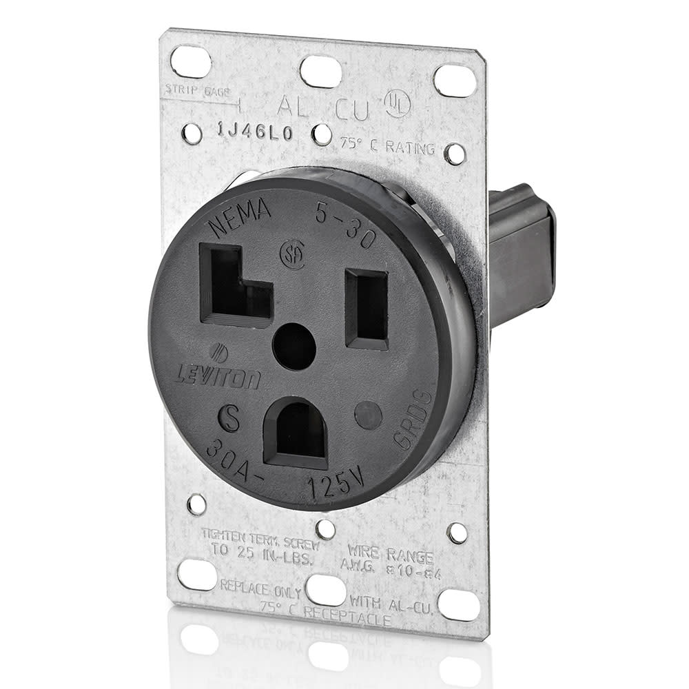 Leviton Grounded Single Outlet Receptacle 30A 125V Nylon Black