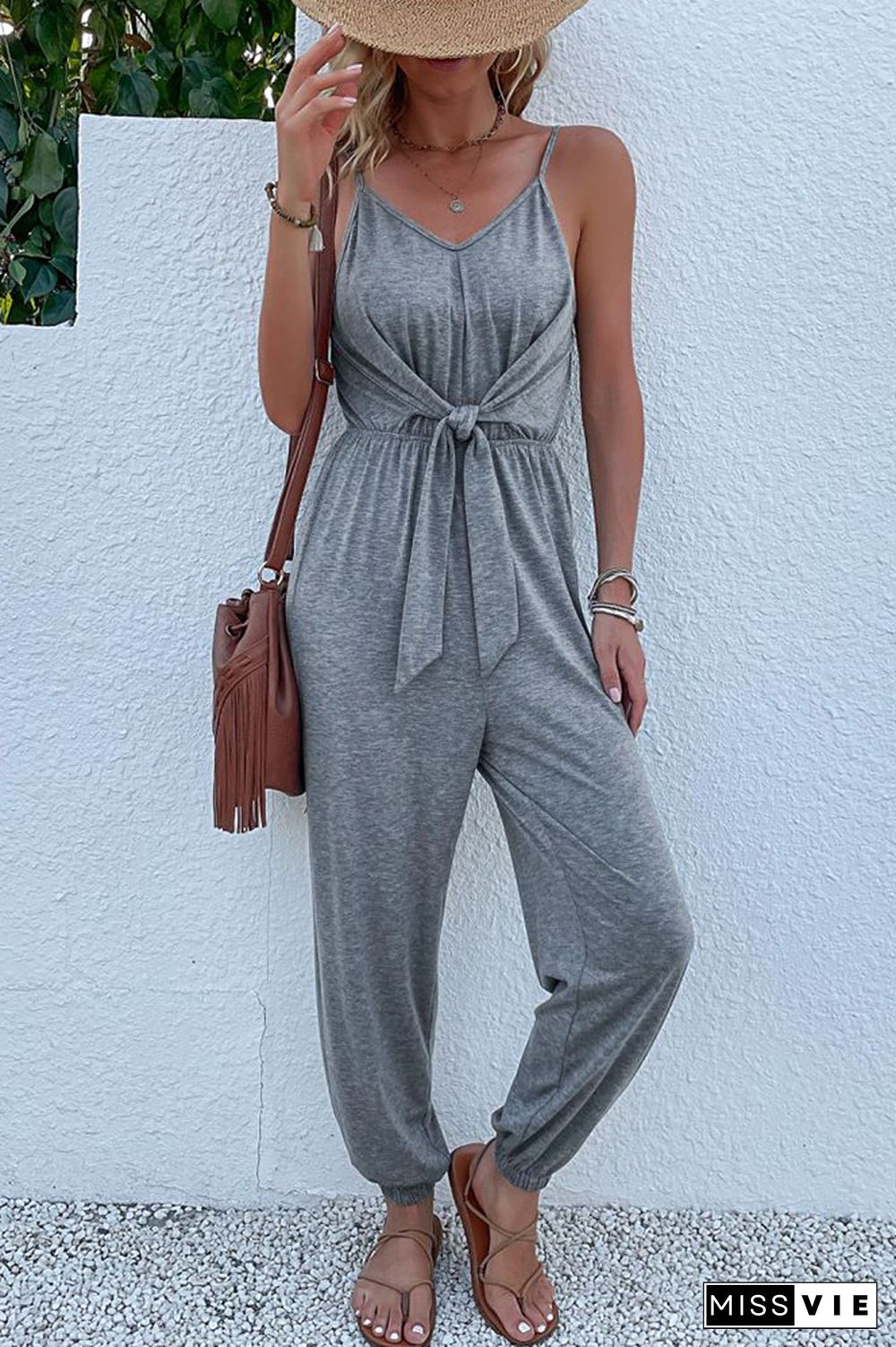 Solid Color Tie Front One Piece Jumpsuit Wholesale