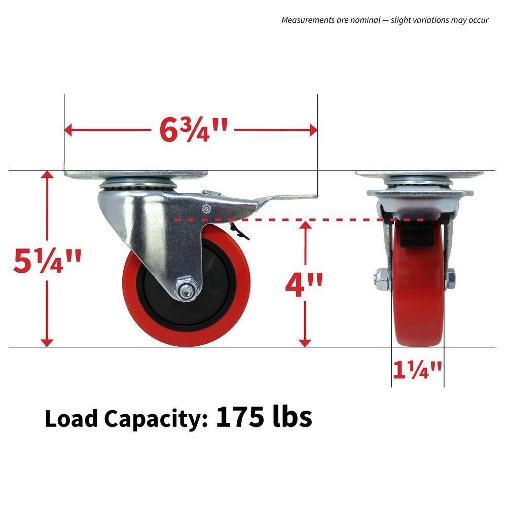 Everbilt 4 in. Red Polyurethane and Steel Swivel Plate Caster with Locking Brake and 250 lbs. Load Rating 4120745EB