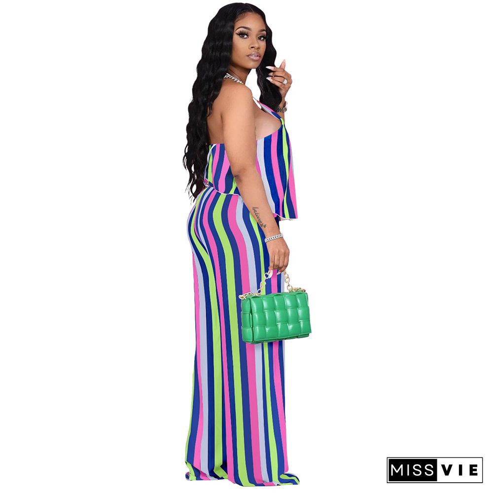 Fashion Color Striped Printing Women Plus Size Halter Sleeveless Crop Tops Loose Pants Summer 2 Piece Set