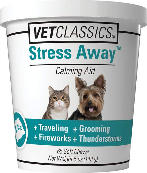 VetClassics Stress Away Calming Aid Soft Chews Dog and Cat Supplement， 65 count