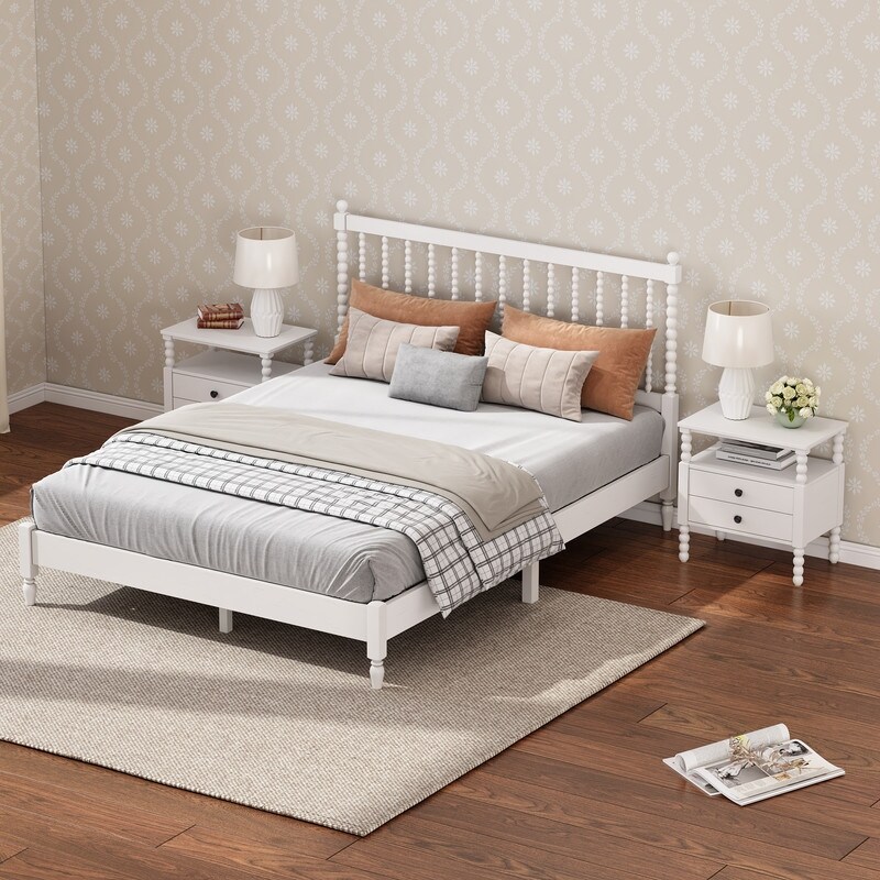 Classic 1/3 Pieces Bedroom Sets  Queen/King Size Wood Platform Bed with Gourd Shaped Headboard and Two 2 Drawer Nightstands