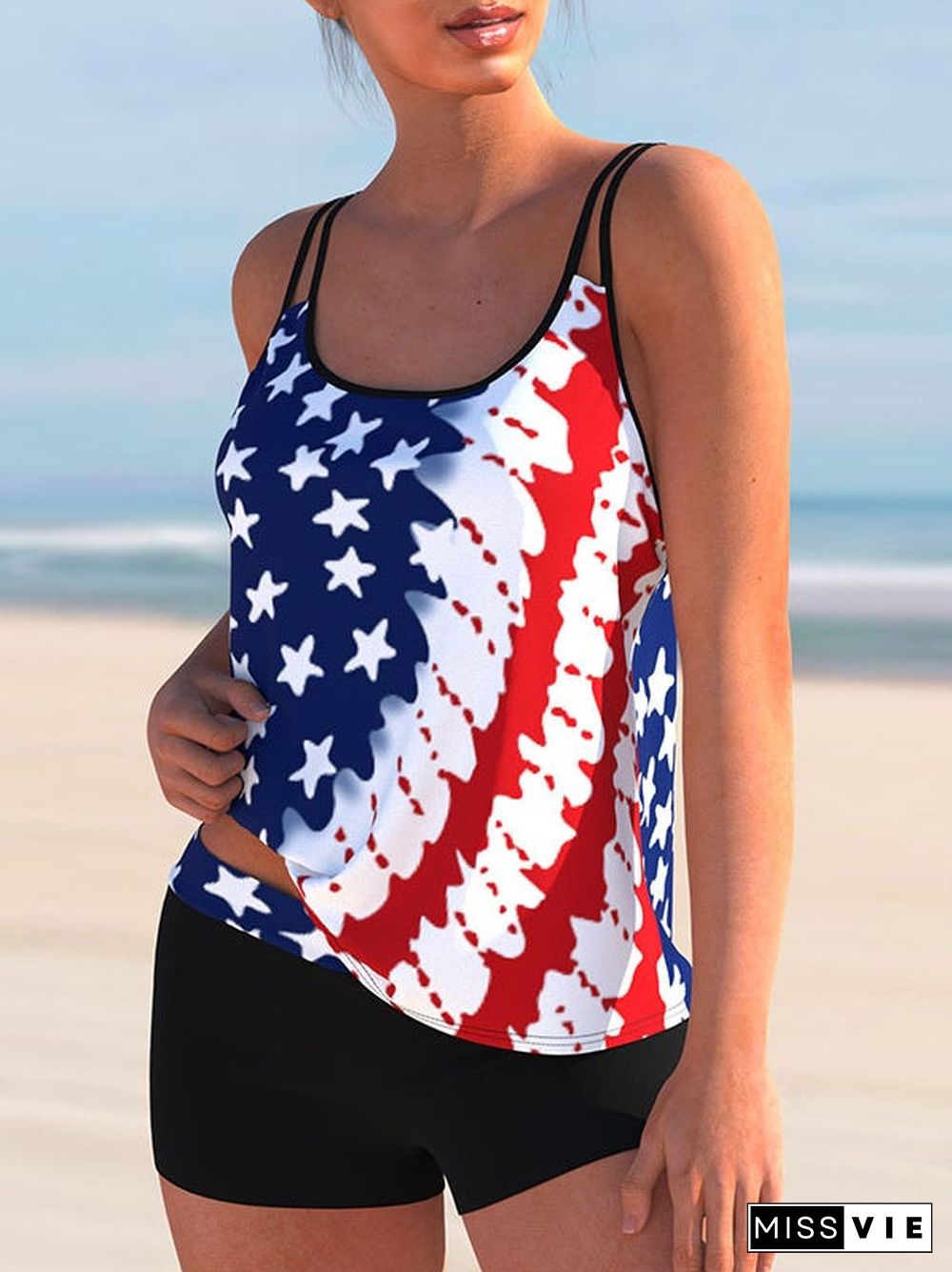 Plus Size Swimwear Sleeveless Colorblock Graphic Printed Tankini