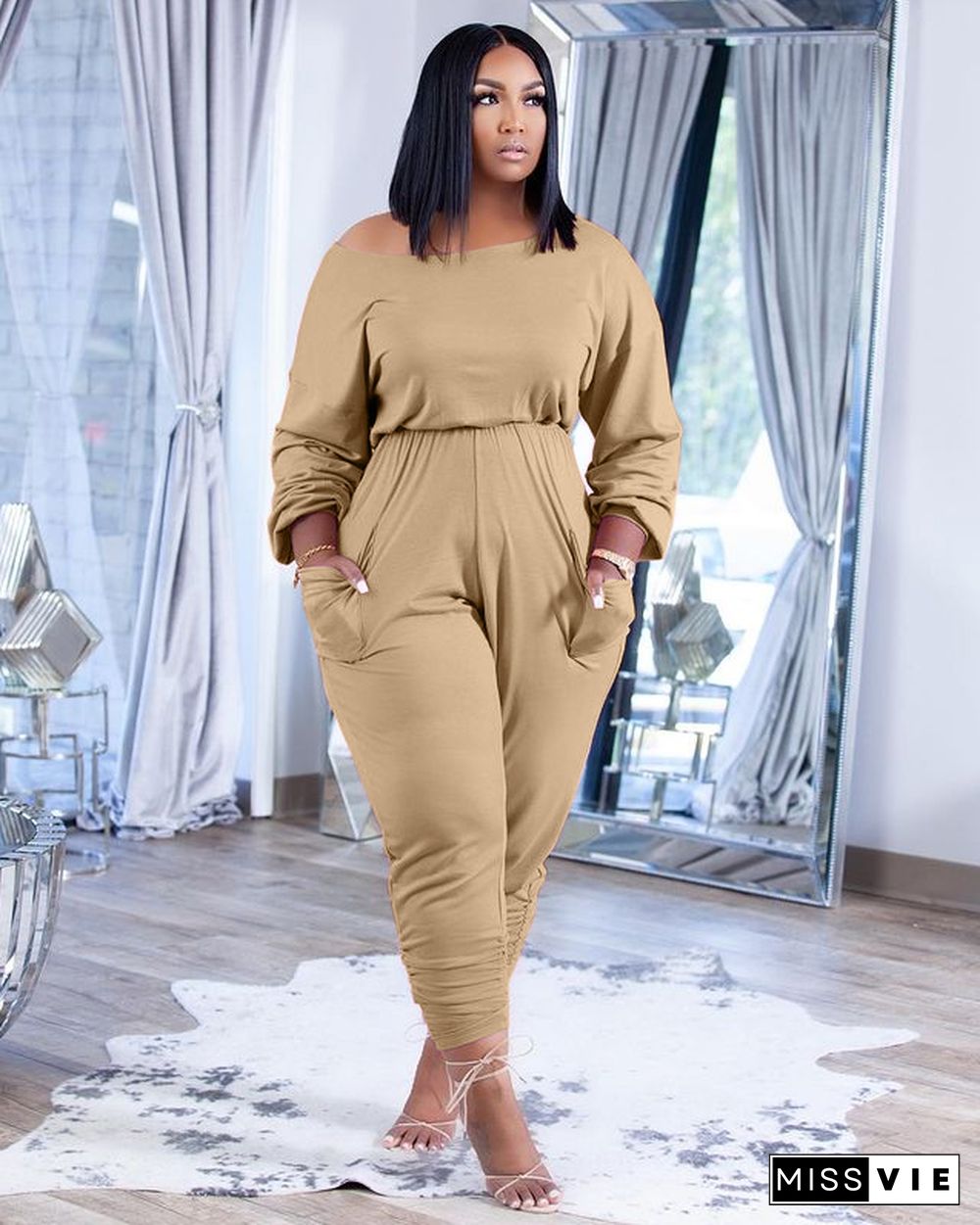 Solid Color Long Sleeve Loose Fit Jumpsuit