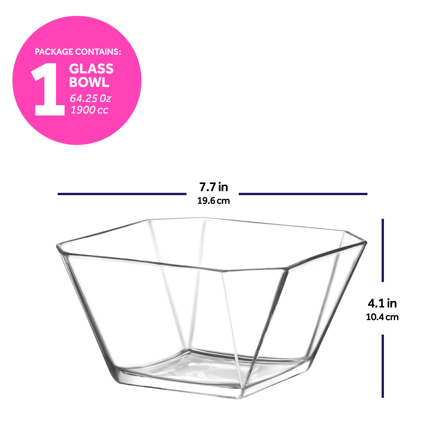 LAV Karen Clear Glass Salad Bowl 64 oz - Large Popcorn Bowl Square Design