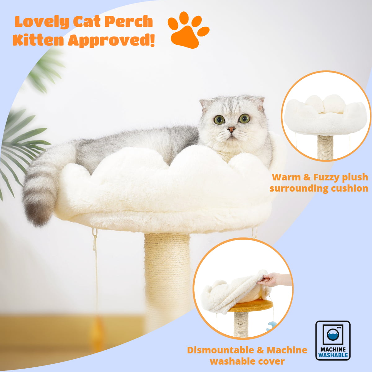 Happi N Pets Cloud Cat Scratching Post with Bed， 2 -Level Cat Tree， Nature Sisal Cat Scratcher with Soft Perch for Kitten and Adult Cats， Small Cat Tower with Toys， Stable Cat Furniture