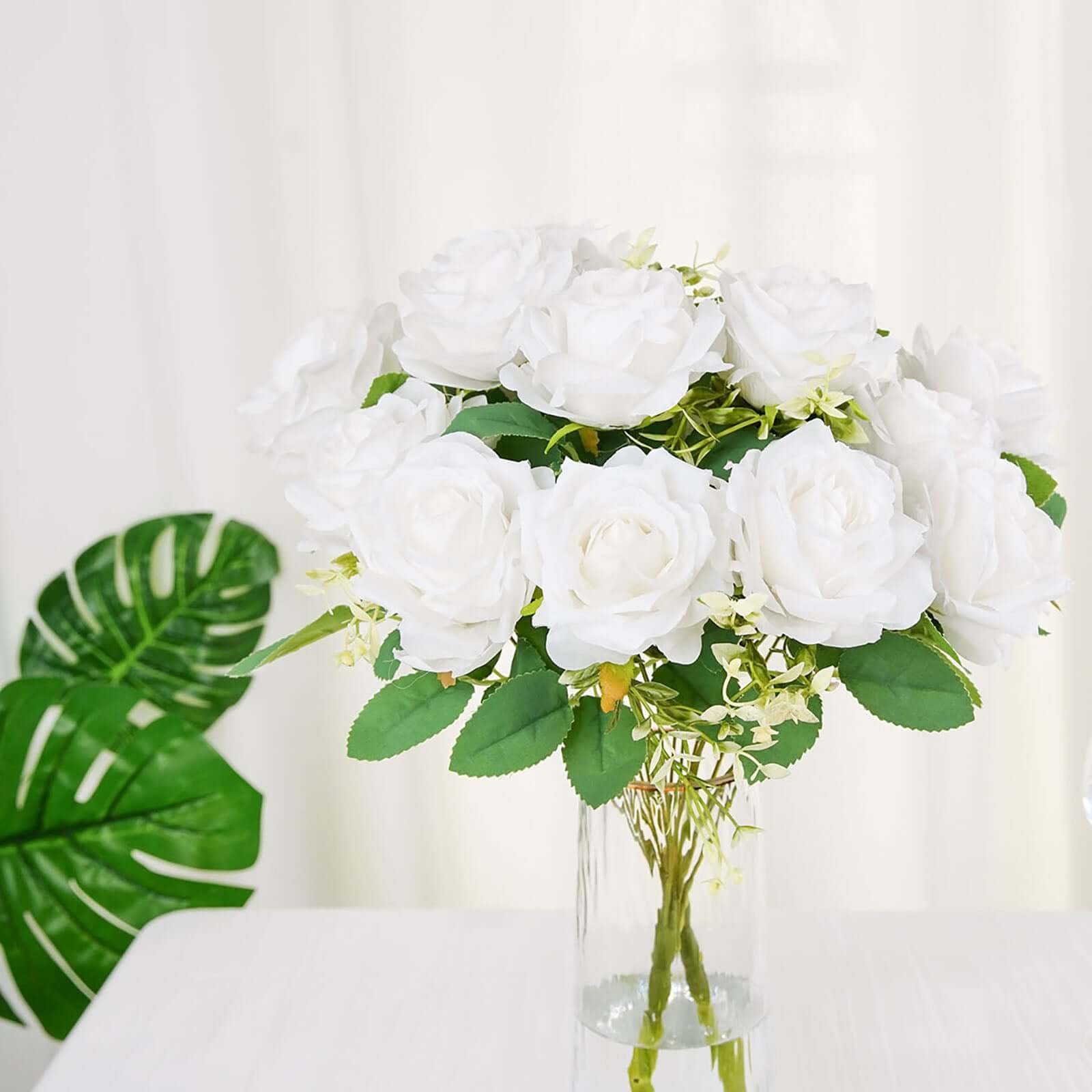 2 Bushes White Artificial Silk Rose Flower Arrangements, Real Touch Long Stem Flower Bouquet 18