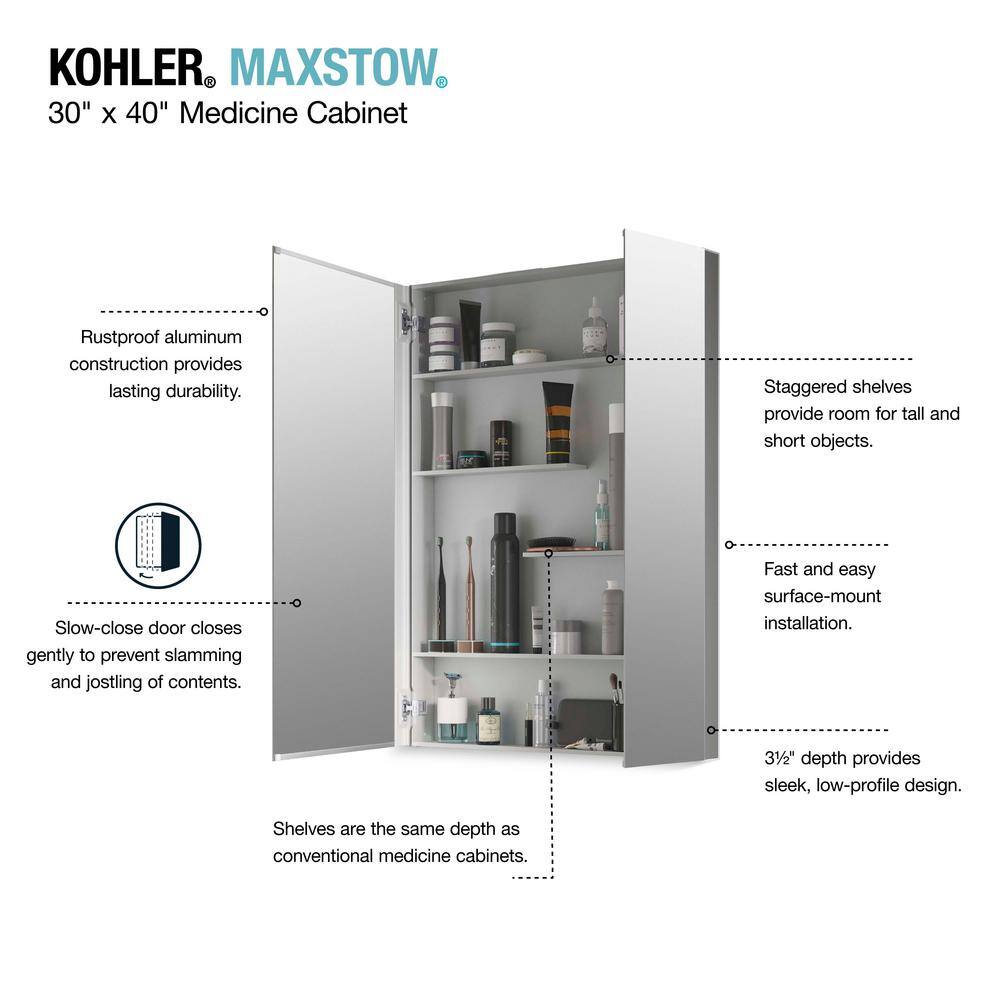 KOHLER Maxstow 30 in. x 40 in. Aluminum Frameless Surface-Mount Soft Close Medicine Cabinet with Mirror K-R79228-LA1