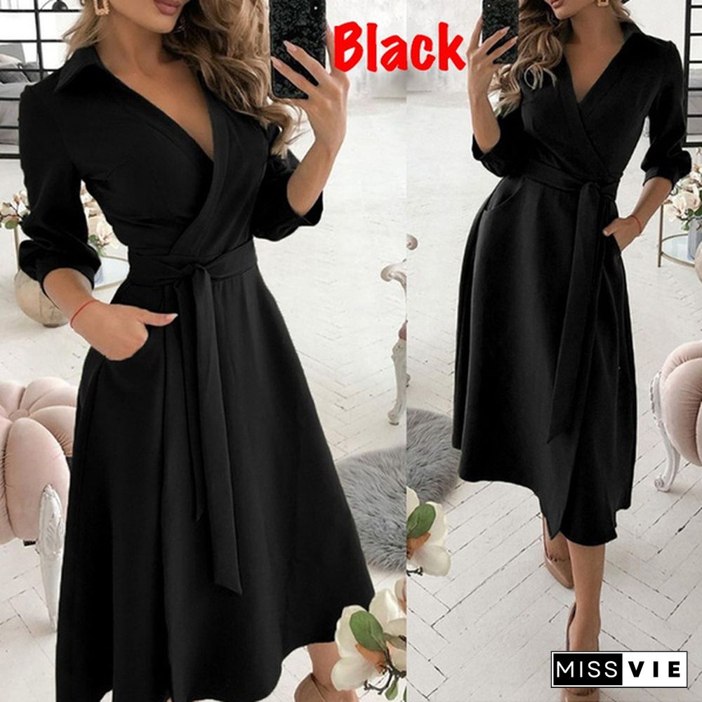 Women Fashion V-neck Print Summer Dress Belt Lace Up Party A Line Prom Dress Long Sleeve Tunic Dress Ladies Casual Dress