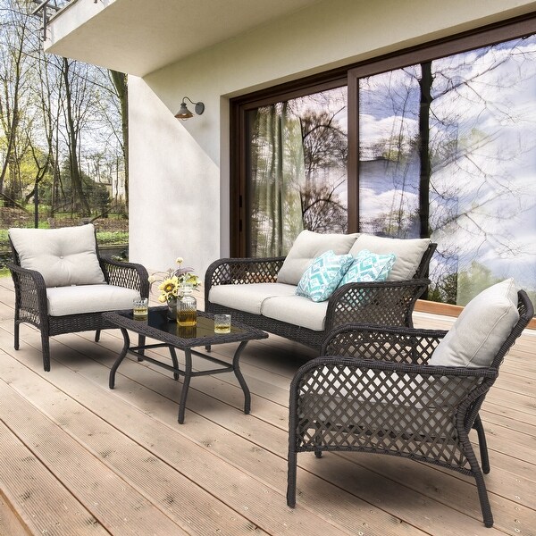 4piece Outdoor Resin Wicker Chat Set with Cushions