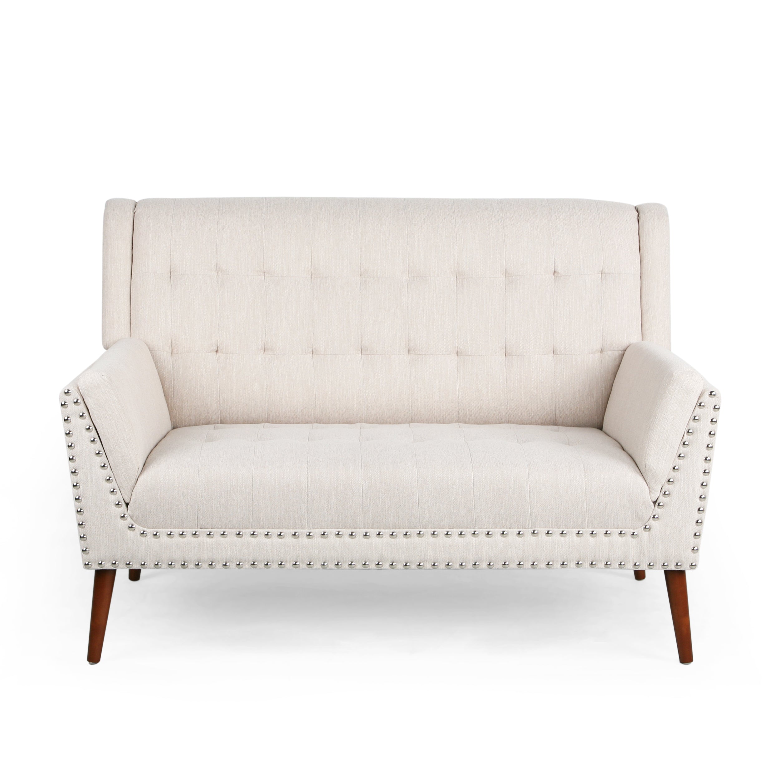 Marla Mid-Century Modern High Back Fabric Settee with Nailhead Trim