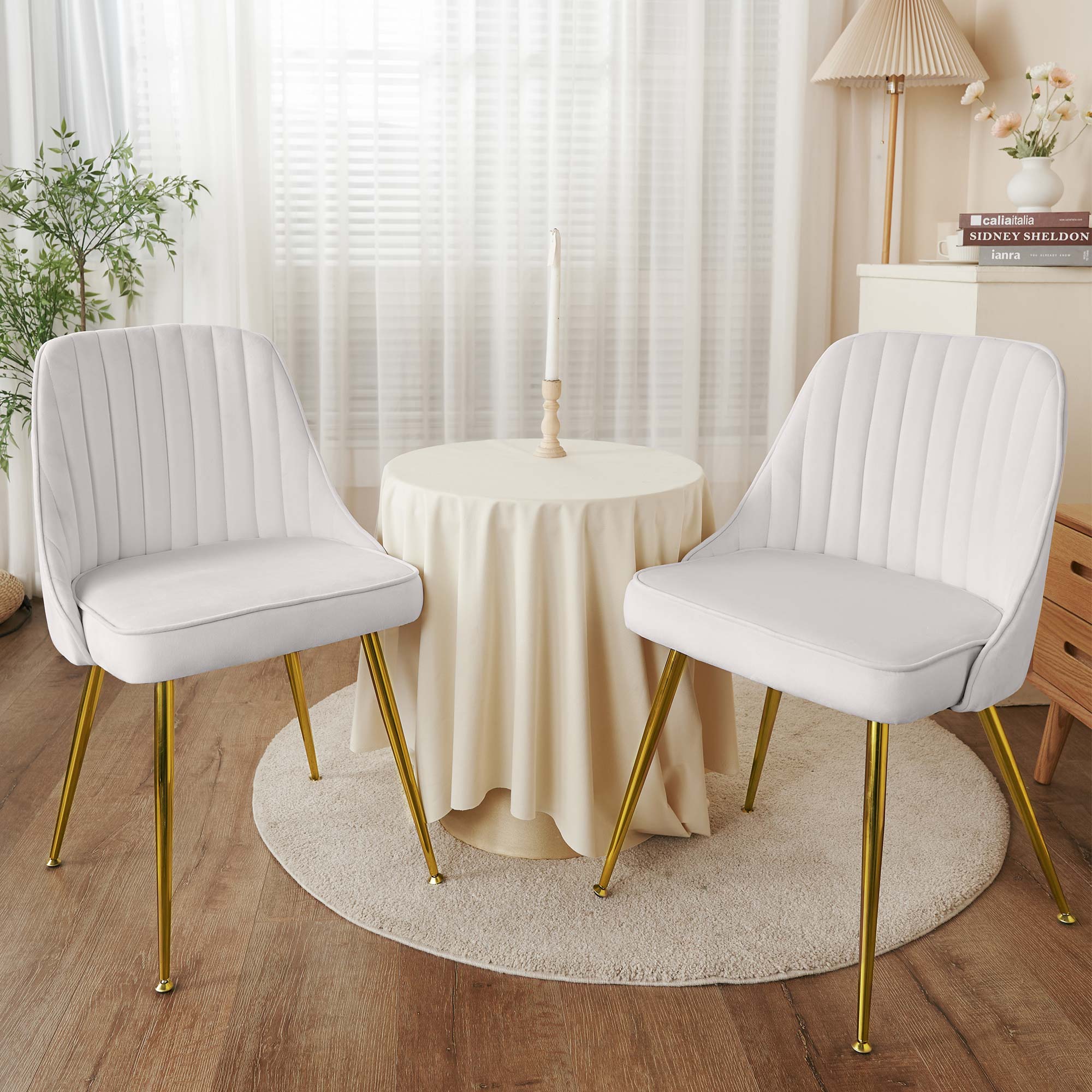 MOJAY Velvet Dining Chairs with Golden Legs， Set of 2， White