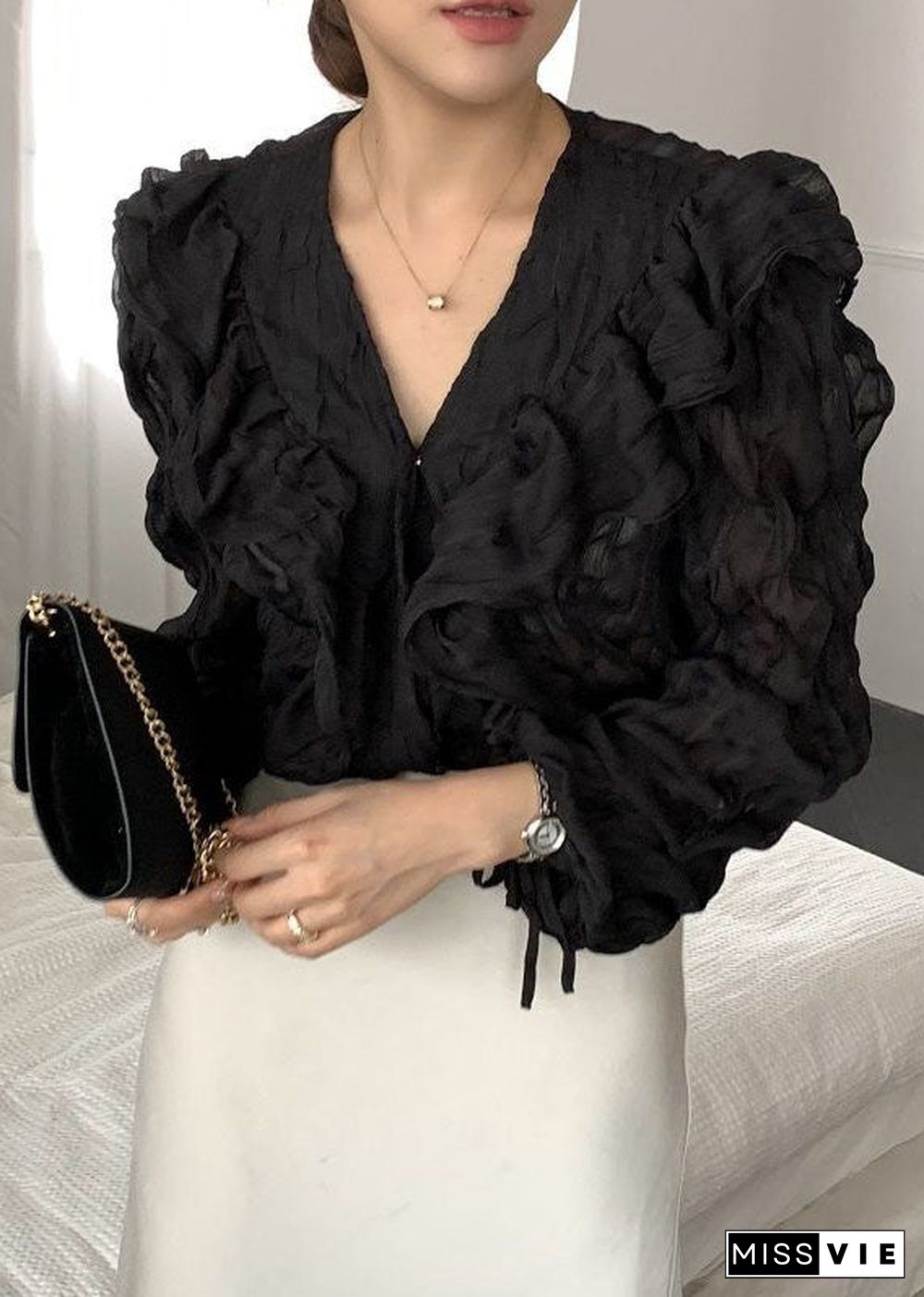 Black Patchwork Chiffon Shirts Tops Ruffled V Neck Spring