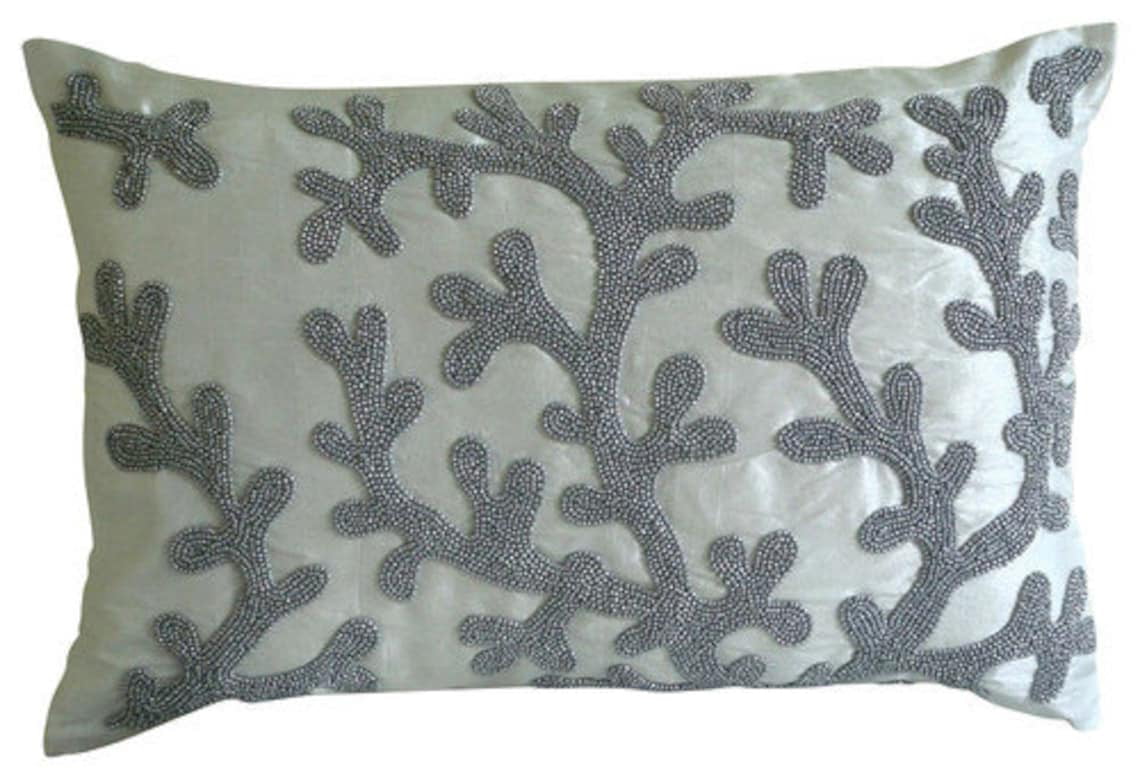 White Lumbar Pillow Cover， Coral Design Sea Beach and Ocean Theme Pillows Cover， 12x14 inch (30x35 cm) Rectangle Silk Lumbar Pillow Cover， Floral Mediterranean - Silver Corals