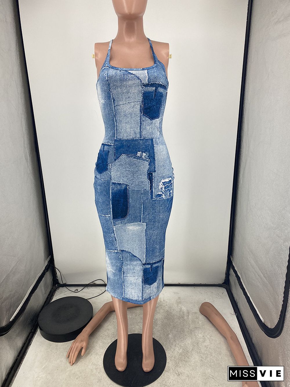 Trendy Sleeveless Denim Print Mesh Dress