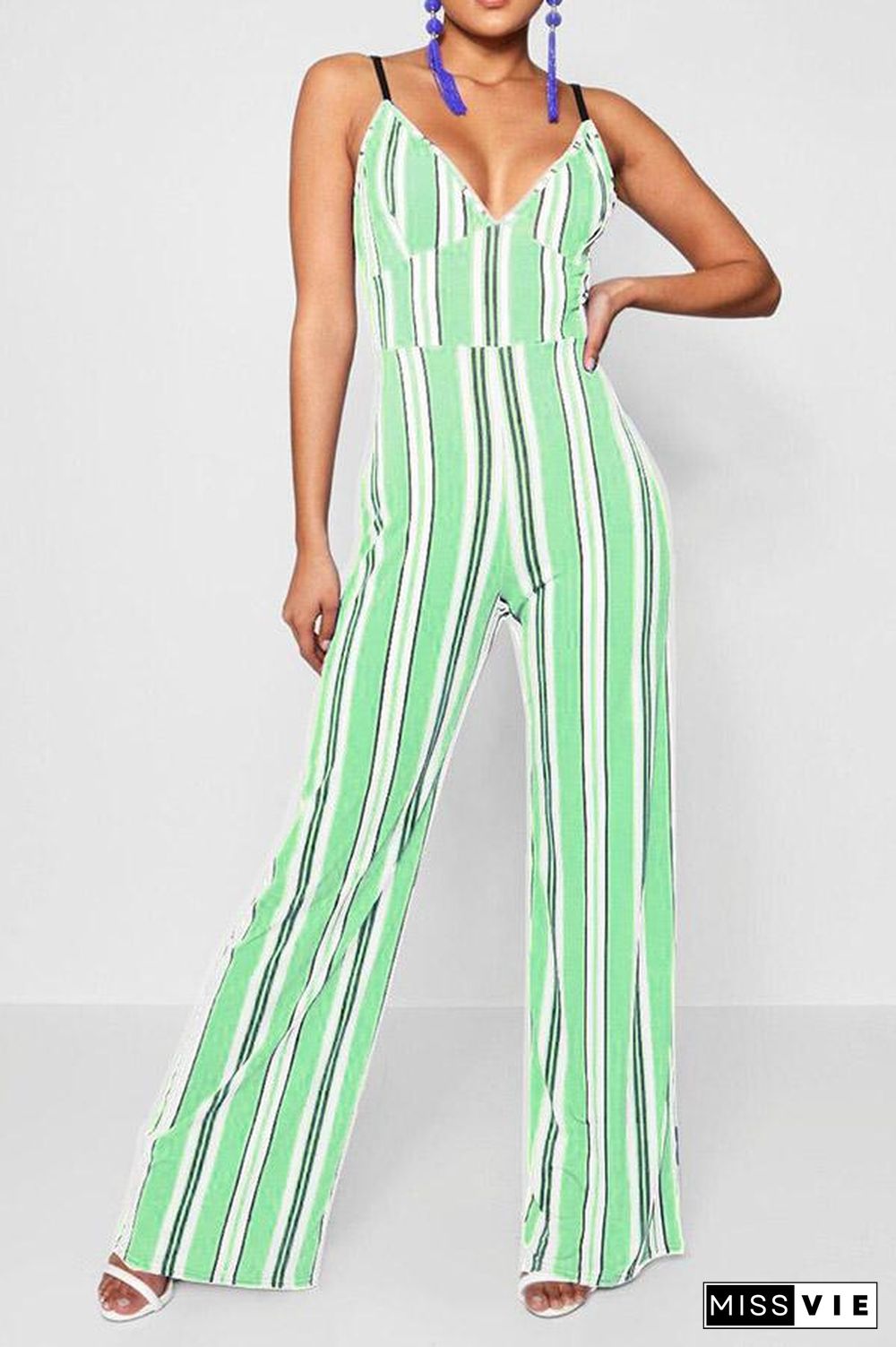 Mixed Color Stripe Printed Open Back Jumpsuit