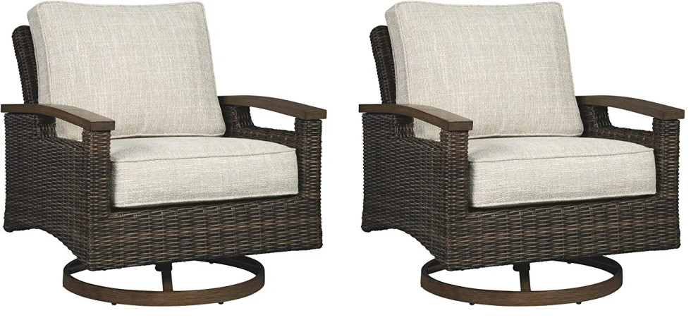 Set of 2 Swiveling Lounge Chair  Wicker Cover Comfortable Beige Cushioned Seat   Tropical   Outdoor Lounge Chairs   by Decor Love  Houzz