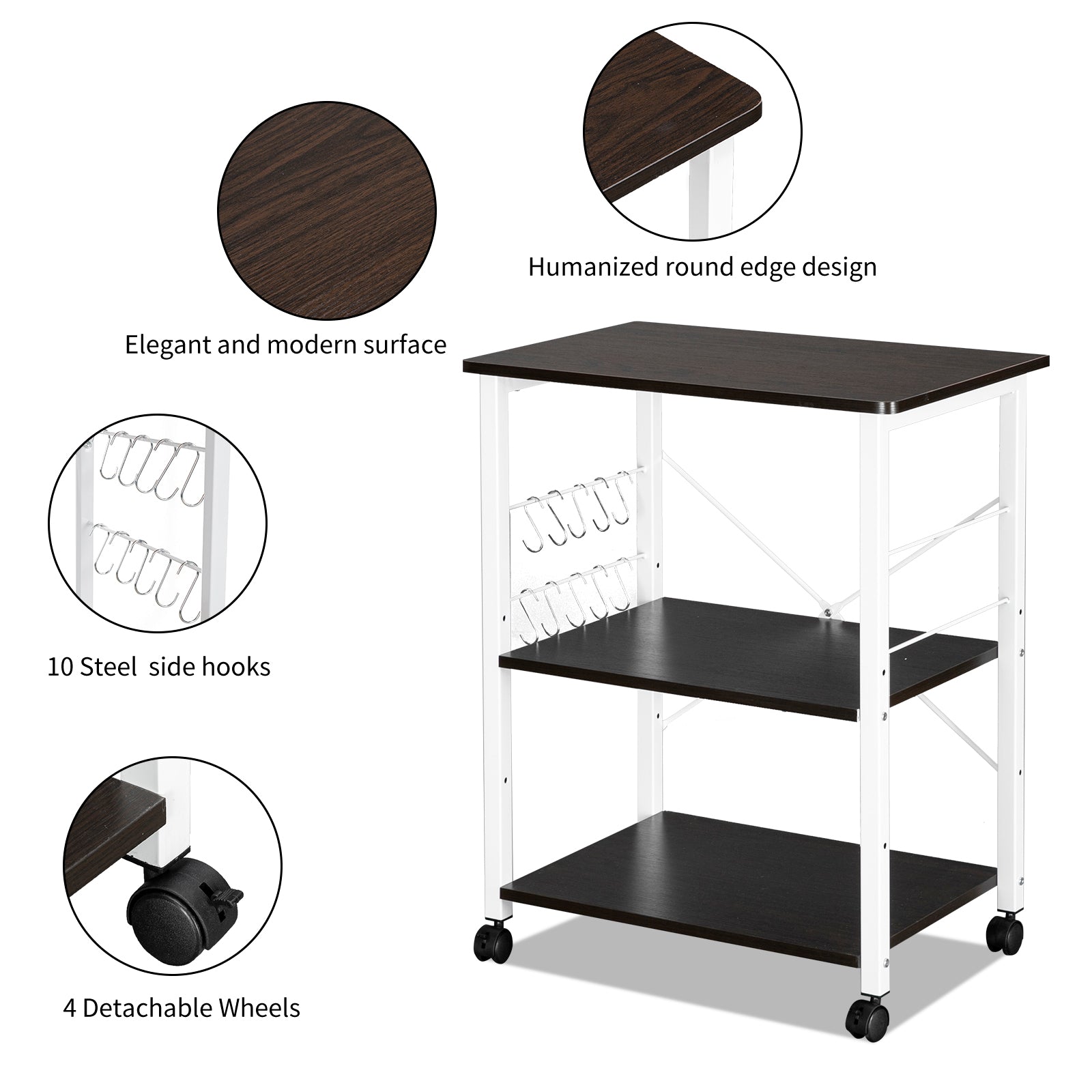 UBesGoo 3 Tiers Kitchen Bakers Rack Storage Shelf Kitchen Cart Microwave Oven Stand Workstation with 10 Hooks, Dark Brown/White