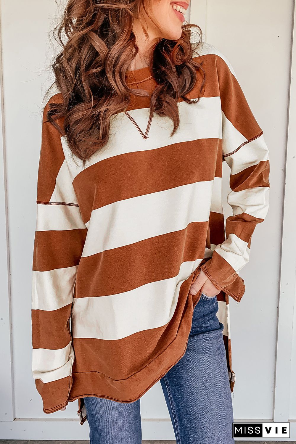 Brown Striped Drop Shoulder Pullover Sweatshirt