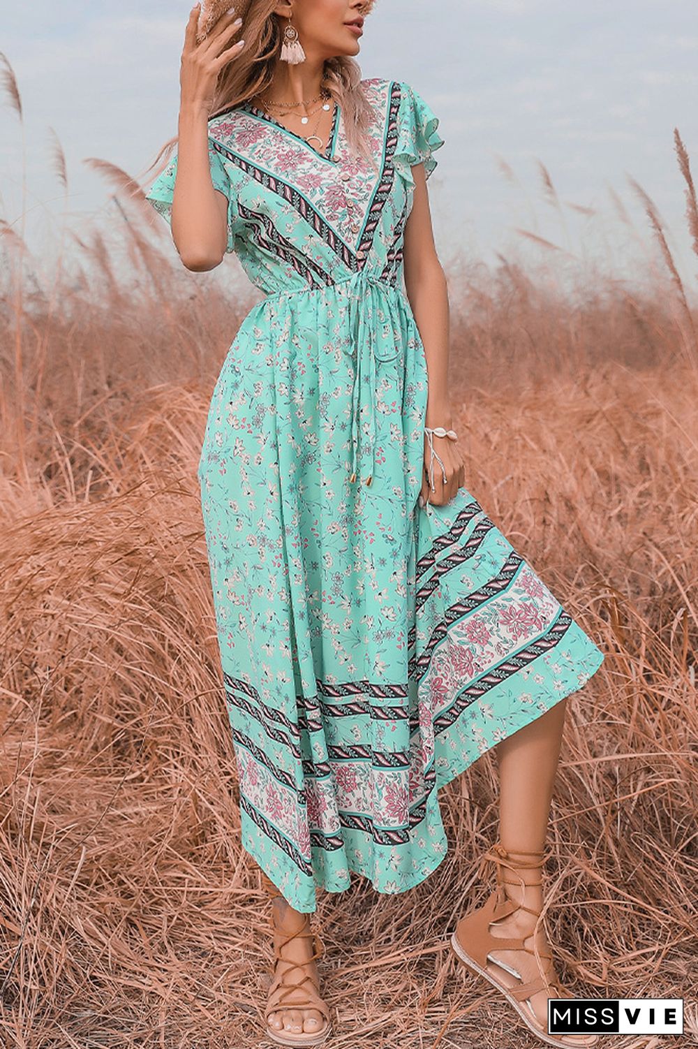 V Neck Ruffle Sleeves Flower Long Dress