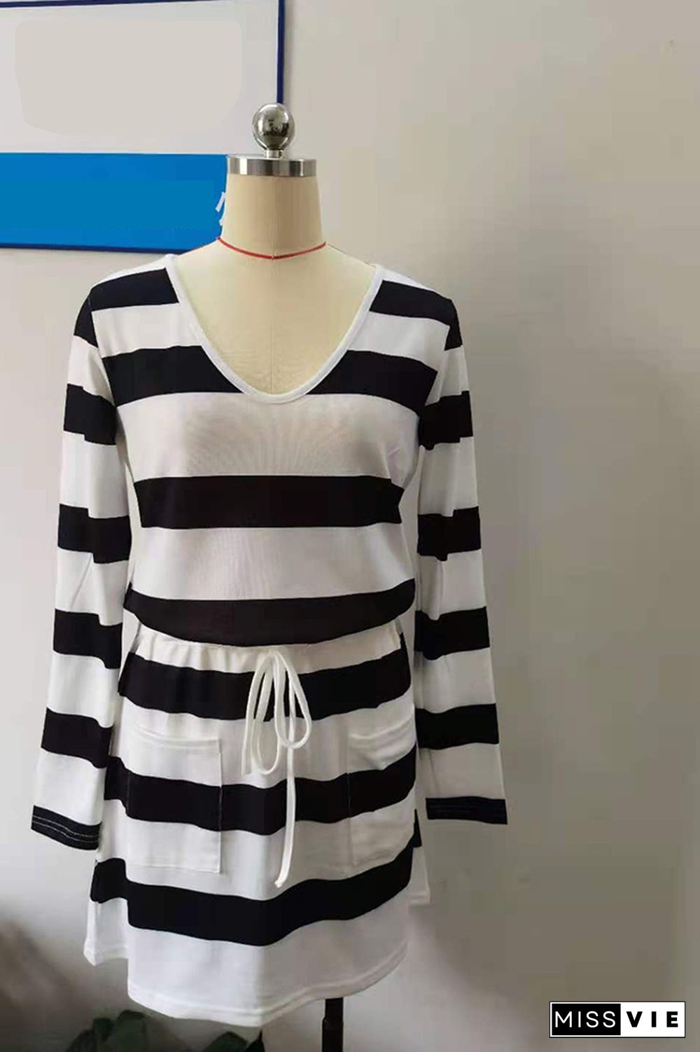 Colorful Stripe Drawstring V-neck Long Sleeve Dress Women Wholesale