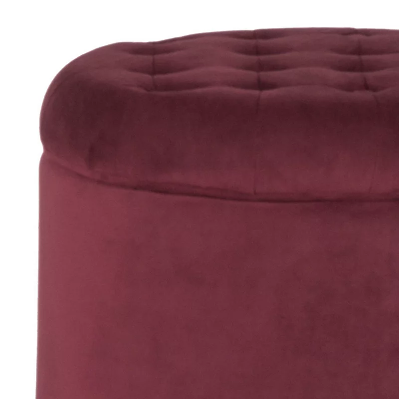 Button Tufted Velvet Upholstered Wooden Ottoman with Hidden Storage， Red and Brown