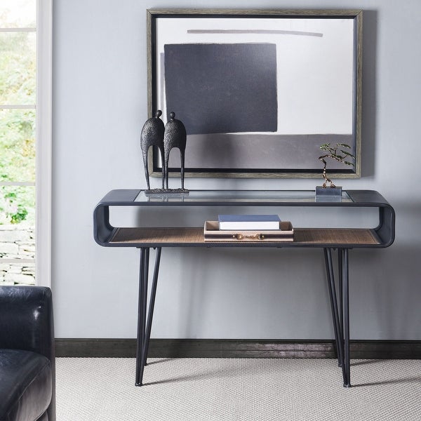 Aaron - Table - Graphite Metal， Clear Glass Top， Rattan Lower Shelf