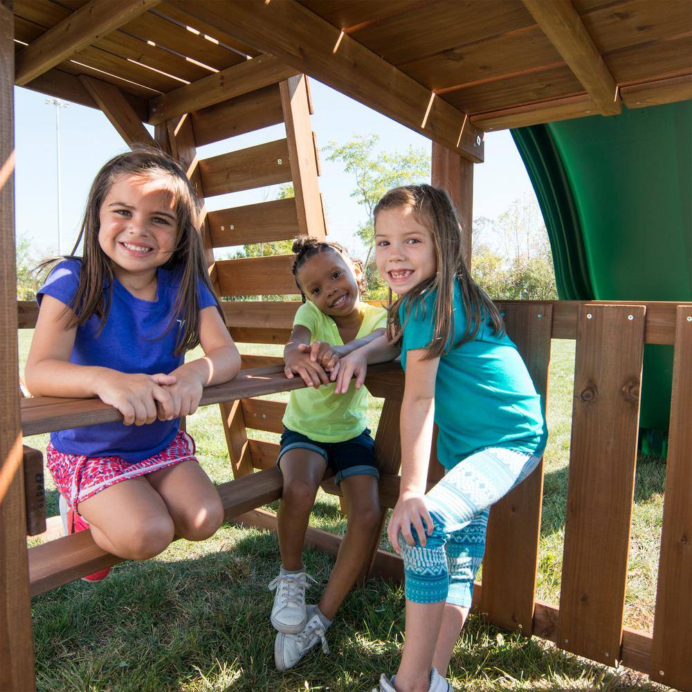 Swing-N-Slide Playsets Elkhorn Ready-To-Assemble Outdoor Wooden Playset with Slide Rock Wall Swings and Backyard Swing Set Accessories WS 8357