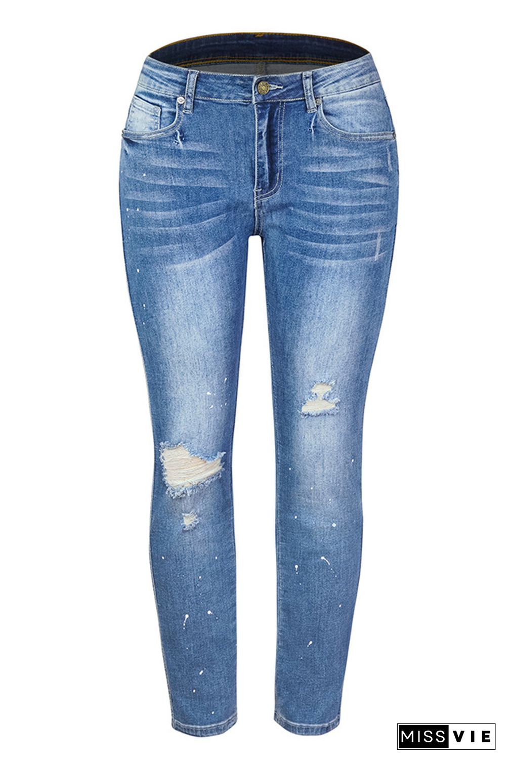 Blue Ripped Washed Stretch Denim Jeans Pants