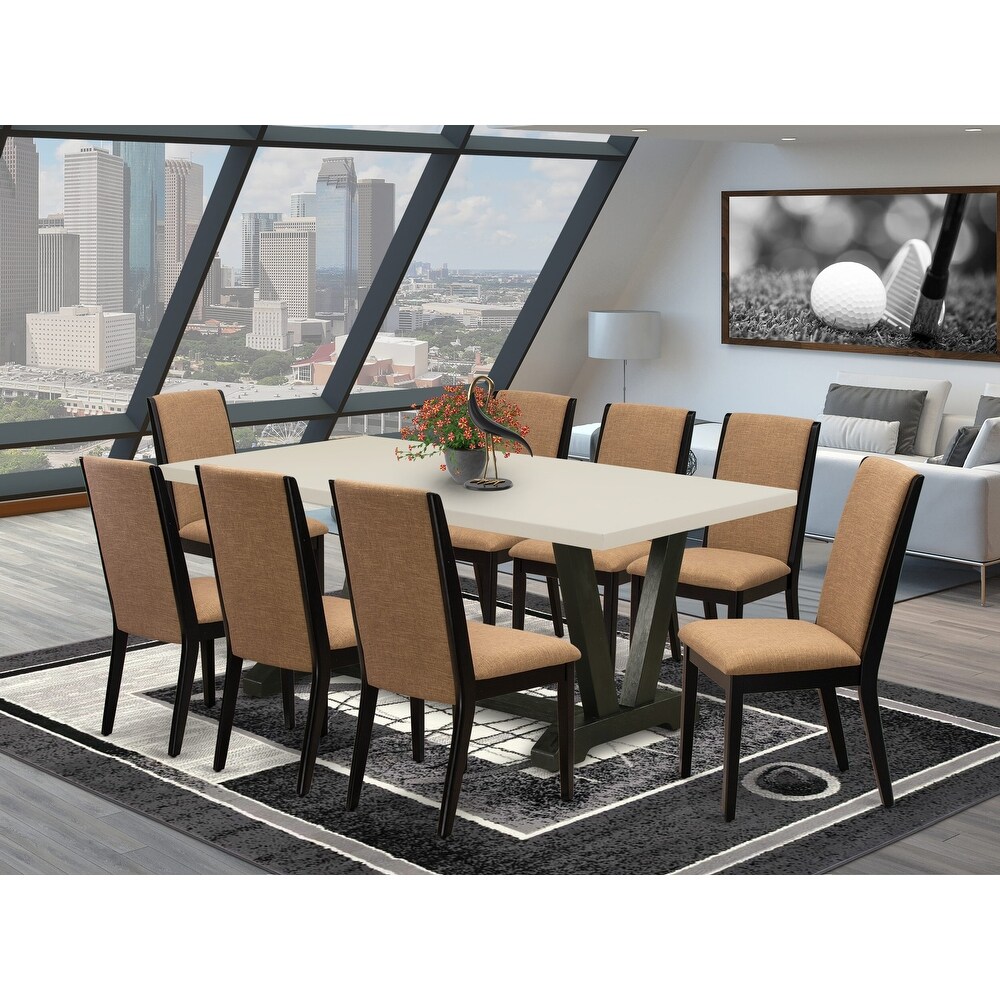 East West Furniture Dining Table Set  a Dining Room Table and Light Sable Linen Fabric Parsons Chairs  Black(Pieces Options)