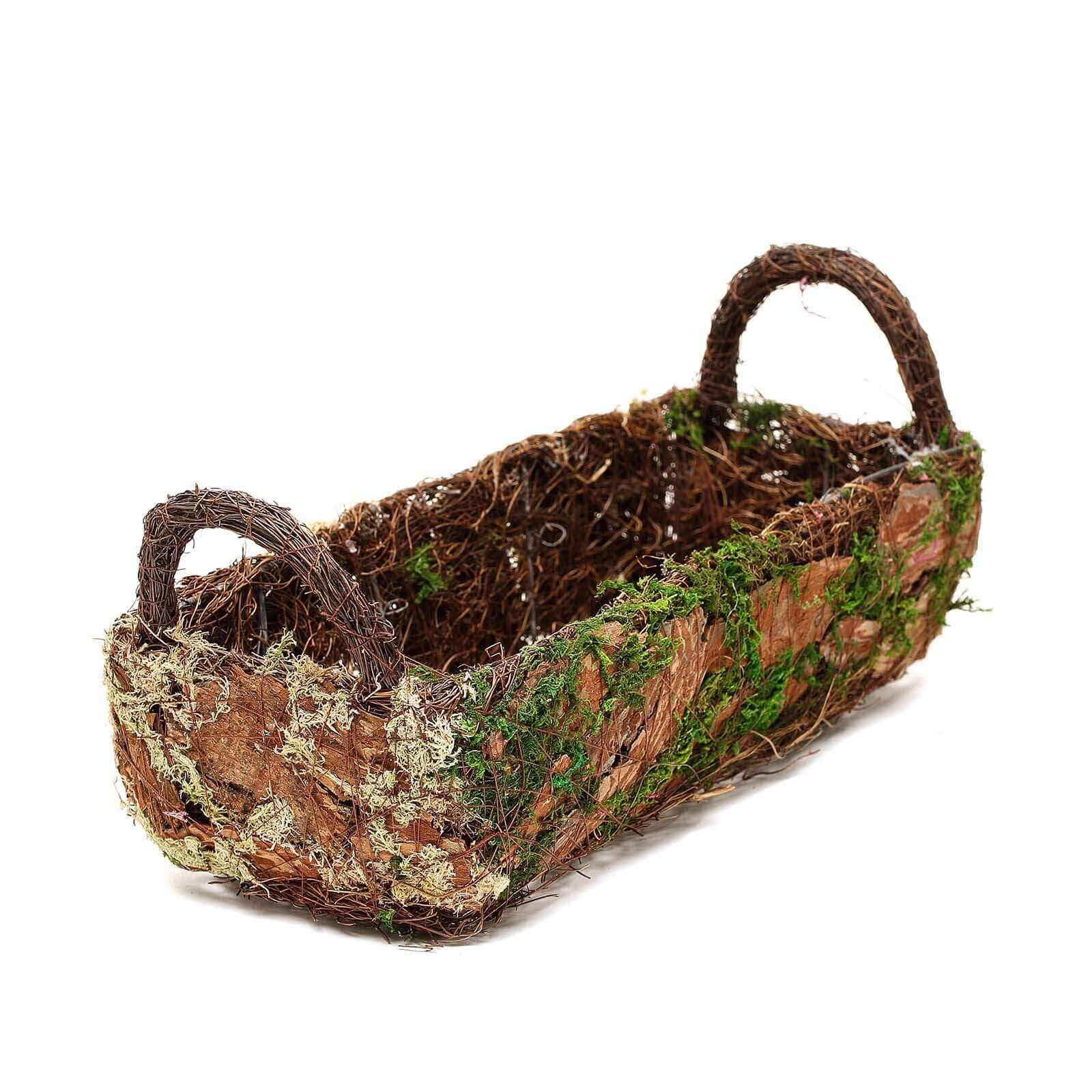 Set of 2 Rustic Log Shaped Preserved Moss Planter Boxes, Flower Baskets With Handle 13