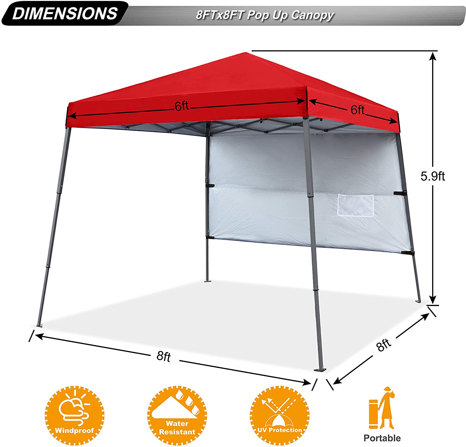 ABCCANOPY 8 ft x 8 ft Outdoor Pop up Slant Leg Canopy Tent with 1 Sun Wall and 1 Backpack Bag - Red