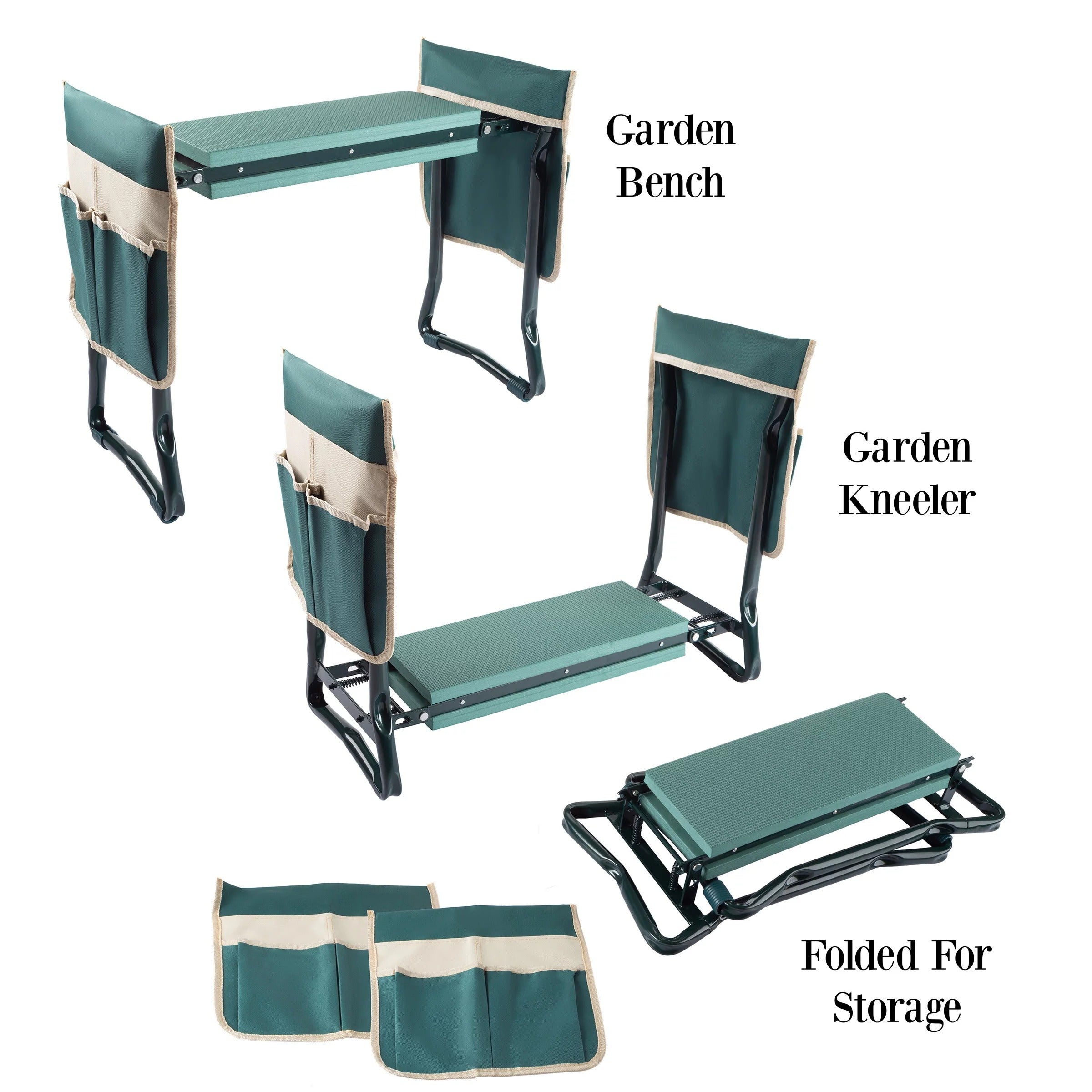 Kneeler Bench - Foldable Stool with 2 Tool Pouches (Green)