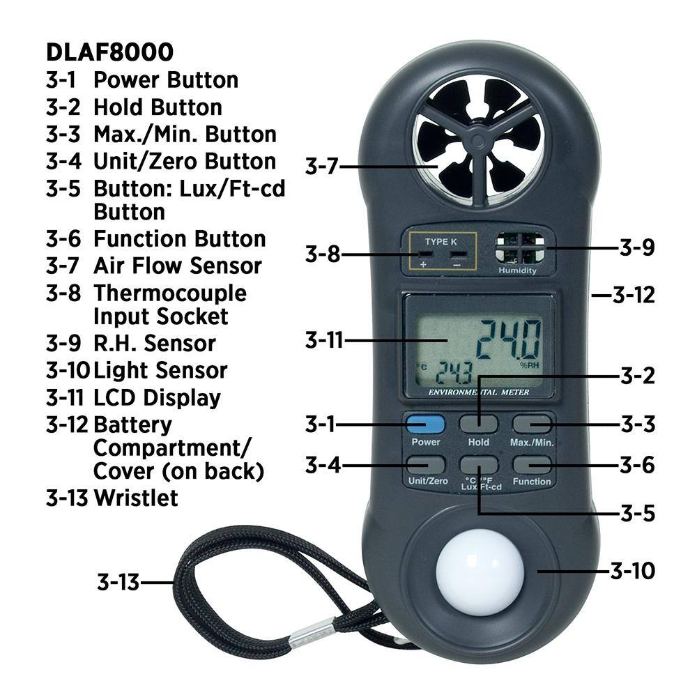 General Tools 4-in-1 Environmental Meter for measuring wind airflow moisture humidity temperature and light level DLAF8000