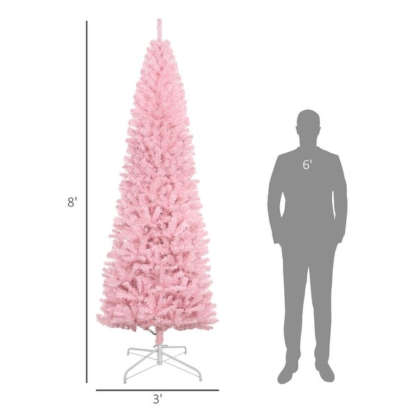 HOMCOM 8' Tall Unlit Slim Douglas Fir Artificial Christmas Tree with 1168 Realistic Branch Tips，Pink