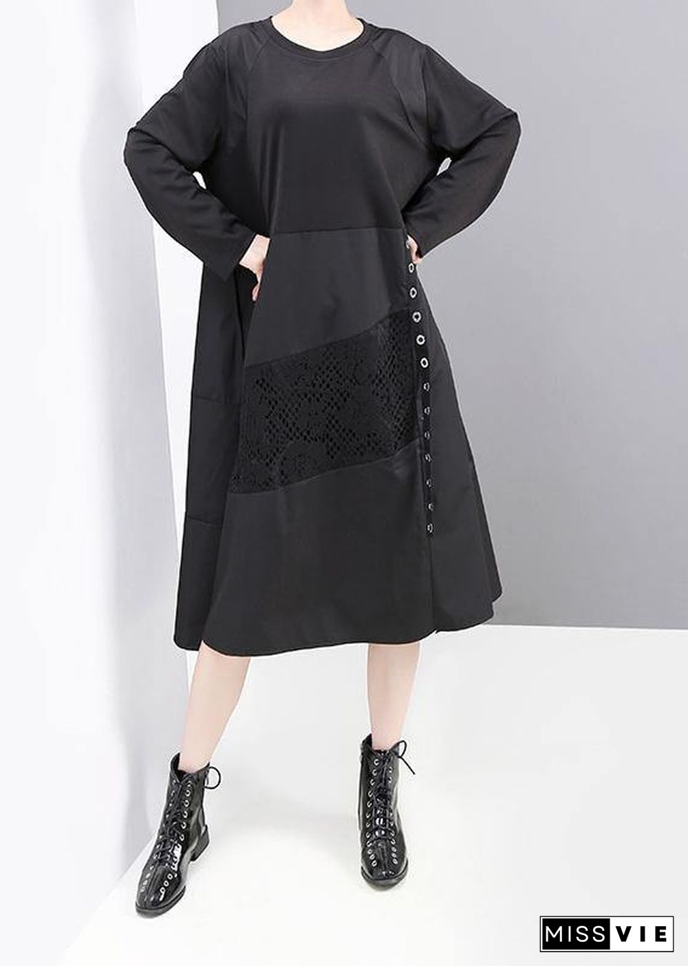 Women black patchwork cotton quilting dresses long sleeve Robe o neck Dresses