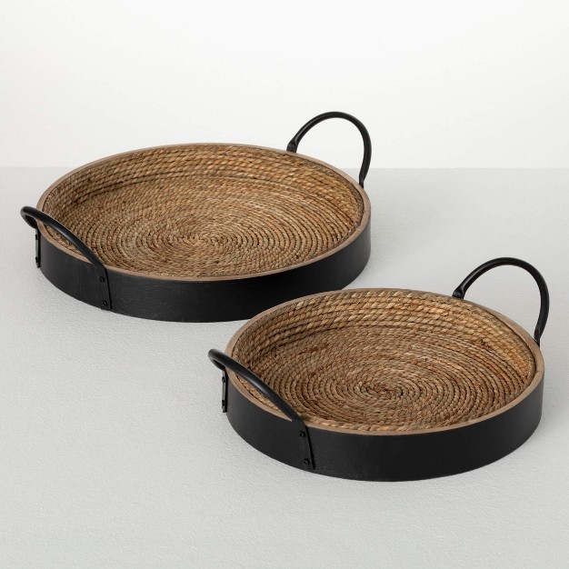 amp 13 quot Round Wood amp Seagrass Tray Set Of 2