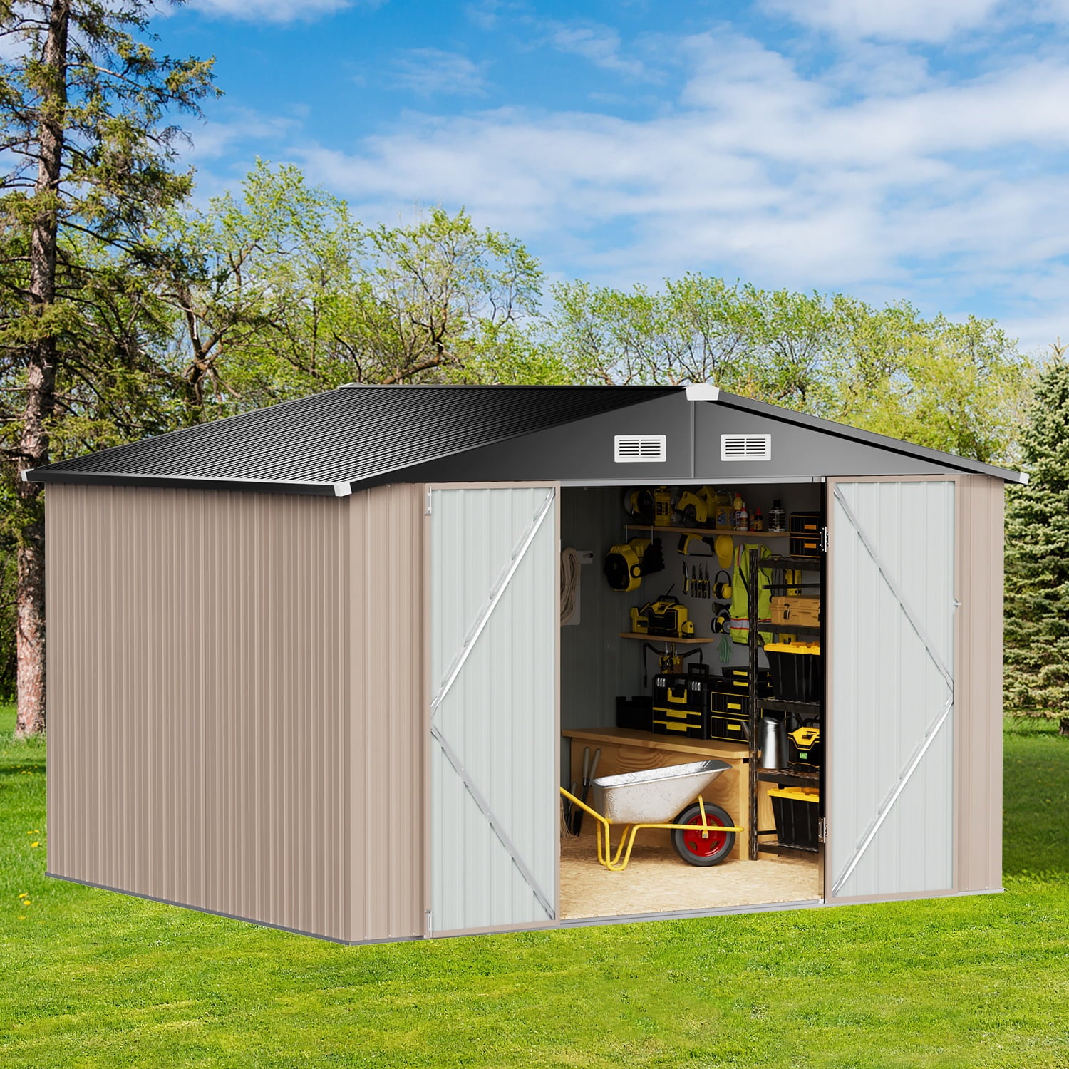 BaPiPro 8' x 10' Outdoor Metal Storage Shed, Steel Garden Shed with Sliding Door, Tool Storage Shed for Backyard, Patio, Lawn