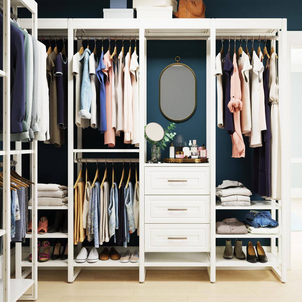 CLOSETS By LIBERTY 84 in. W White Adjustable Wood Closet System with 10-Shelves 5-Rods and 3-Drawers HS4754-RW-07