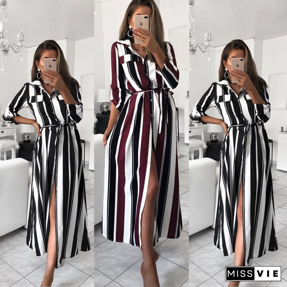 Office Lady Turn-Down Collar Button Lace Up Long Shirt Dress Women Autumn Spring Long Sleeve Stripe Maxi Dresses