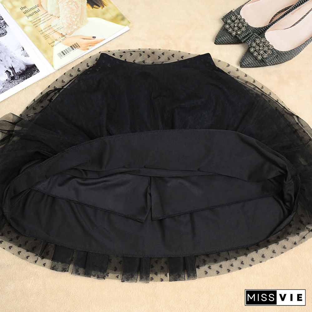 Women Black Dot tulle Box Pleats Skirts Summer