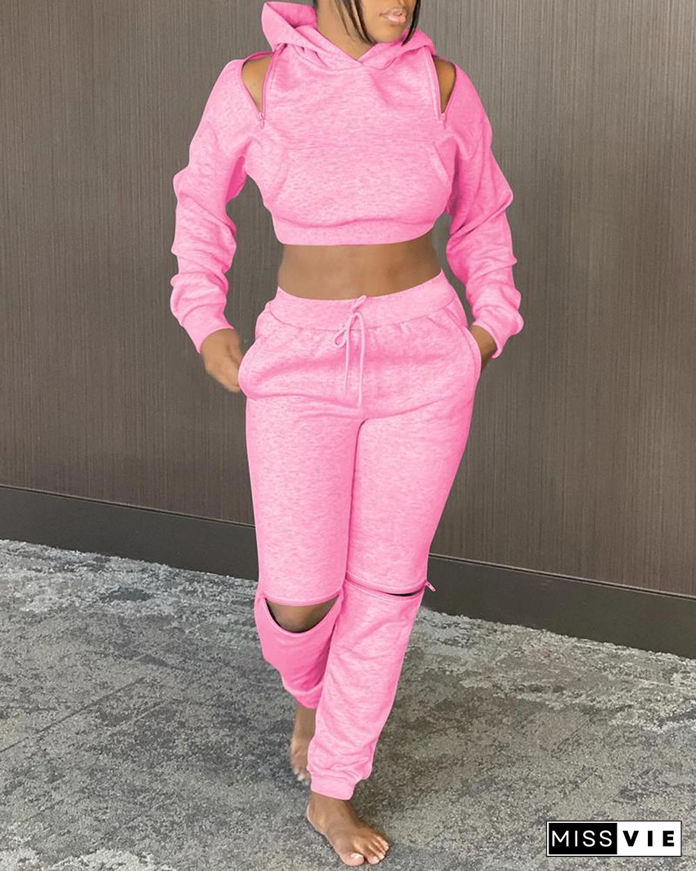 Cutout Crop Hooded Top & Drawstring Pants Set P11176