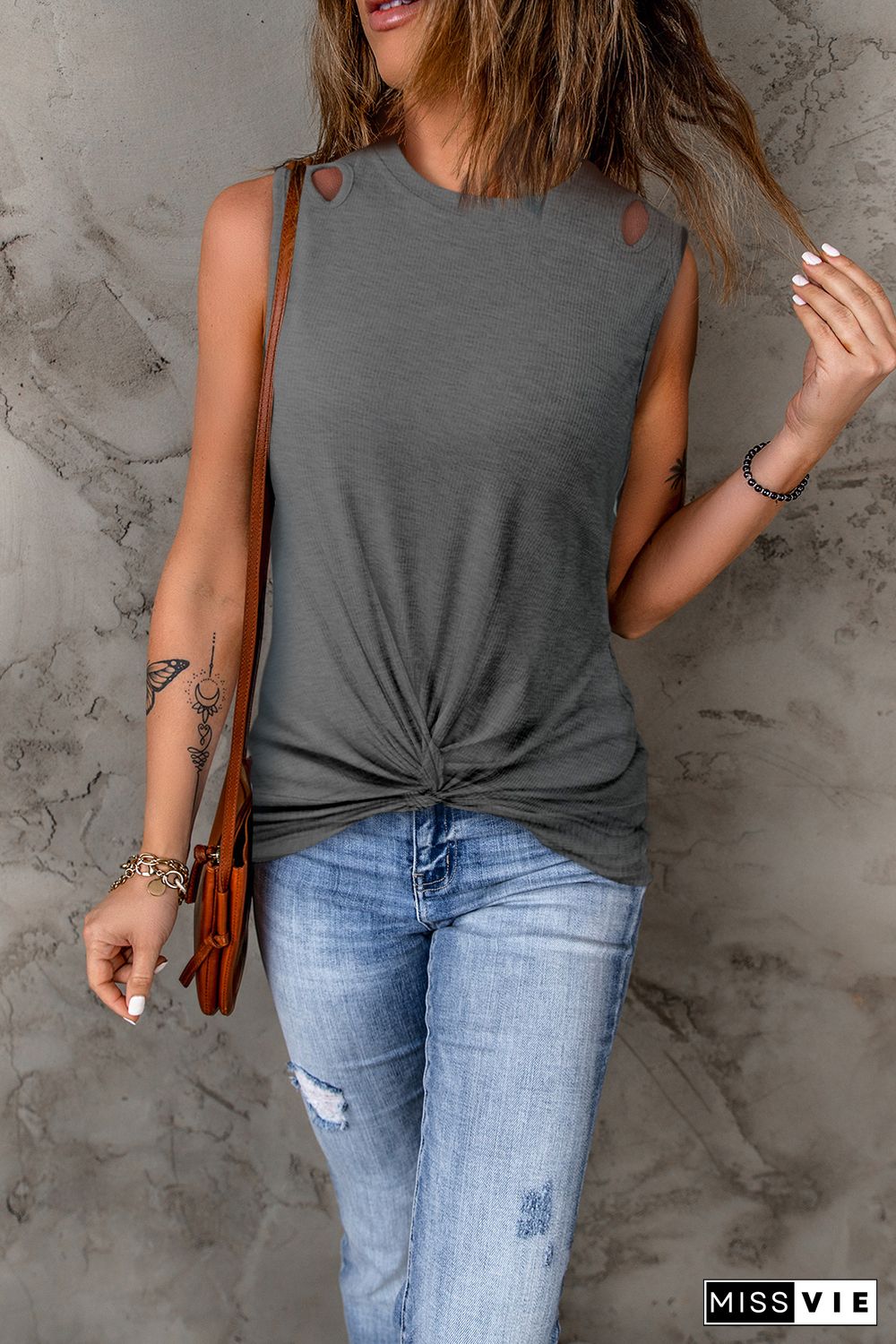 Gray Rib Knit Cut-out Front Twist Tank Top